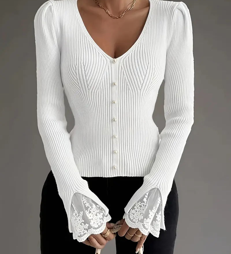 Isabella | Pull Côtelé à Col V avec Manches en Dentelle