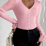 Isabella | Pull Côtelé à Col V avec Manches en Dentelle