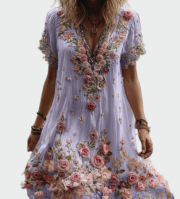 Robe de style vintage à manches courtes et élégante broderie florale