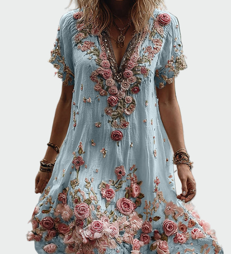 Robe de style vintage à manches courtes et élégante broderie florale