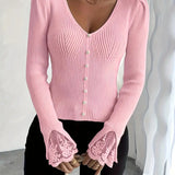 Isabella | Pull Côtelé à Col V avec Manches en Dentelle