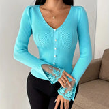 Isabella | Pull Côtelé à Col V avec Manches en Dentelle