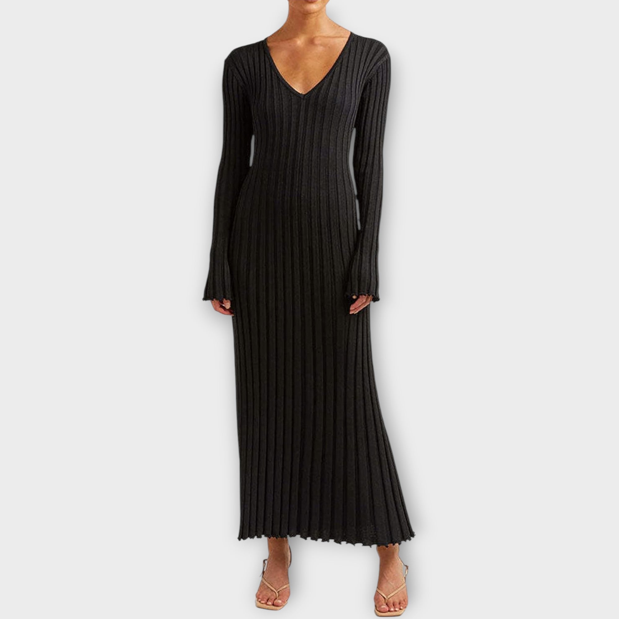 Robe maxi évasée en maille côtelée