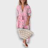 Robe bohème légère à manches 3/4 et col en V lacé