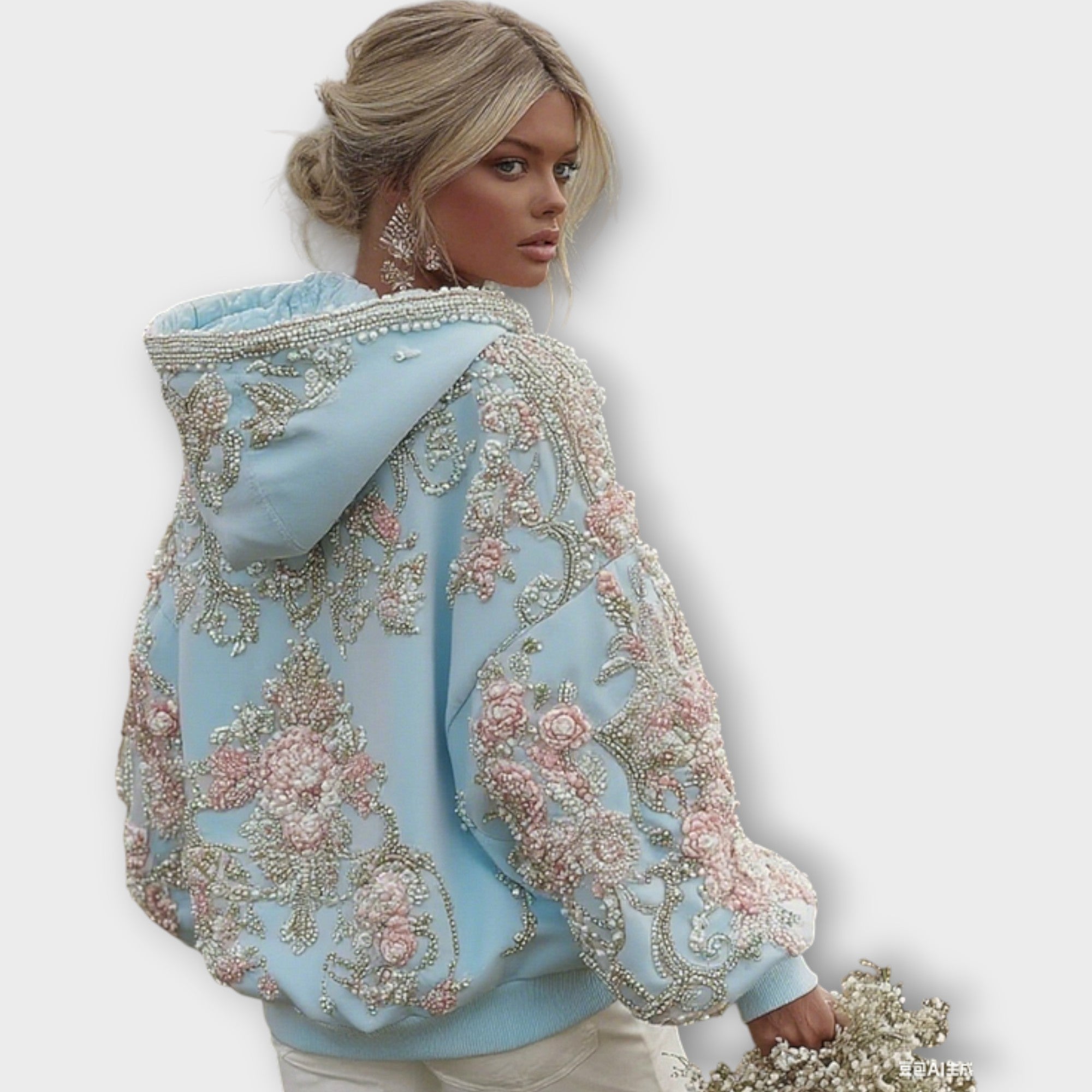 Sweat à capuche rose couture orné de perles de luxe