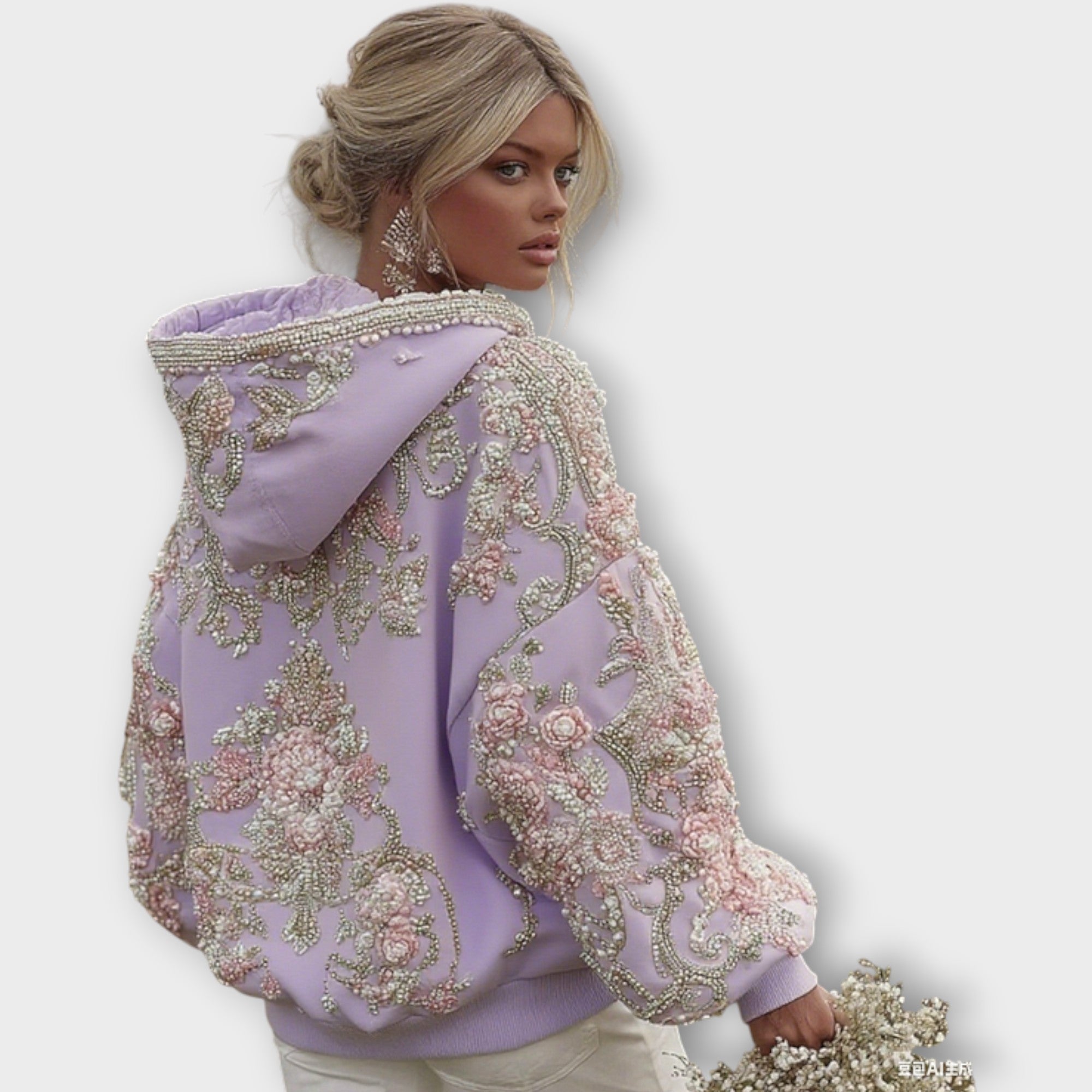 Sweat à capuche rose couture orné de perles de luxe