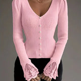 Isabella | Pull Côtelé à Col V avec Manches en Dentelle