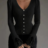 Isabella | Pull Côtelé à Col V avec Manches en Dentelle