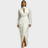 Seraphina – Robe de soirée drapée à col montant