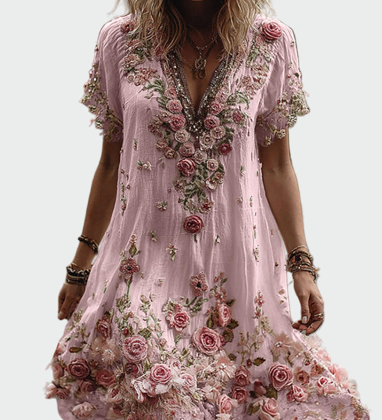 Robe de style vintage à manches courtes et élégante broderie florale