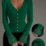 Isabella | Pull Côtelé à Col V avec Manches en Dentelle