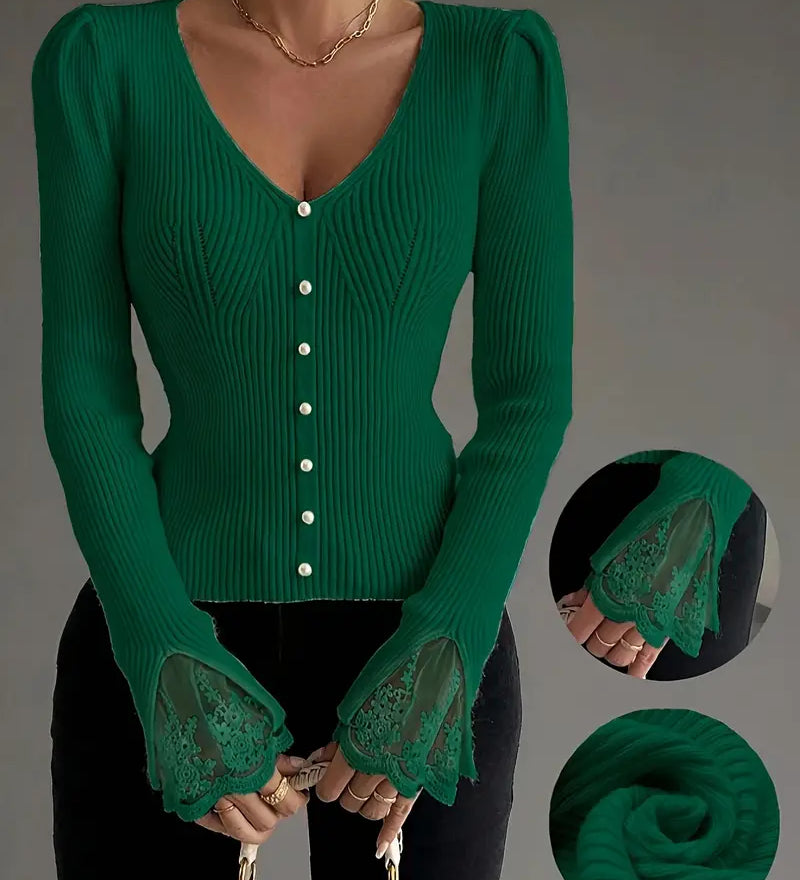 Isabella | Pull Côtelé à Col V avec Manches en Dentelle