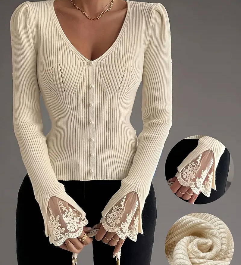 Isabella | Pull Côtelé à Col V avec Manches en Dentelle