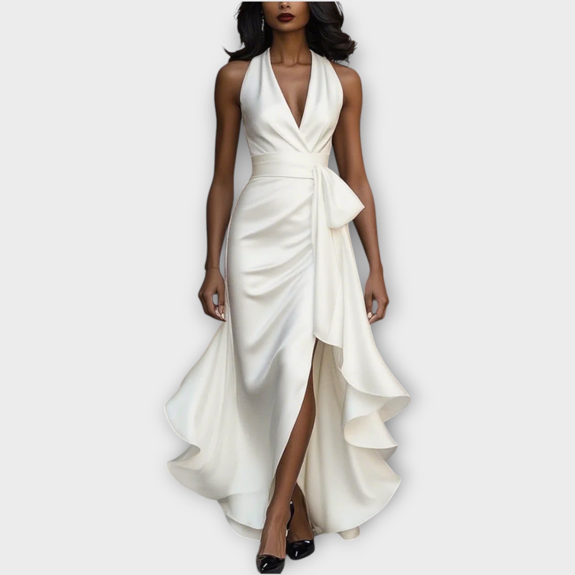 Celestina – Robe de soirée en satin à col montant et ceinture froncée