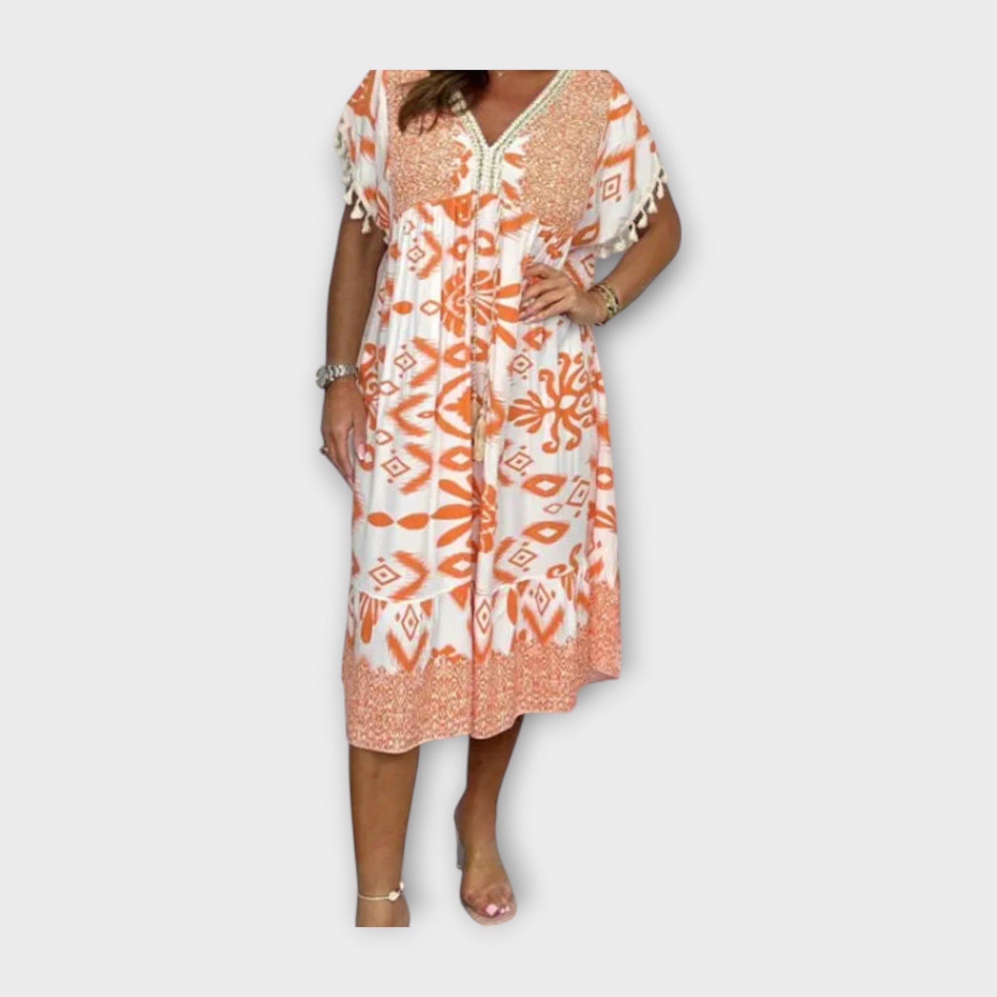 Kaftan mi-long à motifs et cordon de serrage